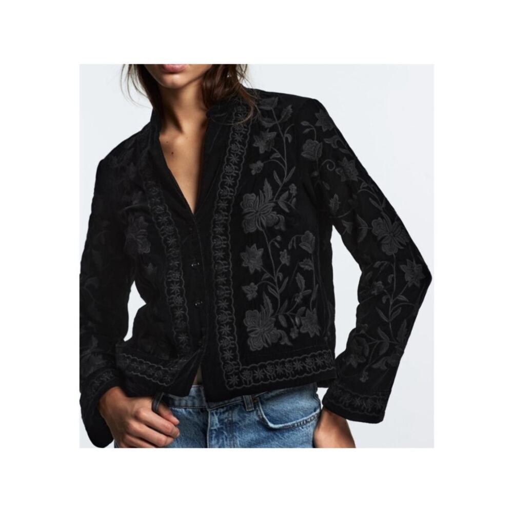 Zara Black Embroidered Velvet Jacket